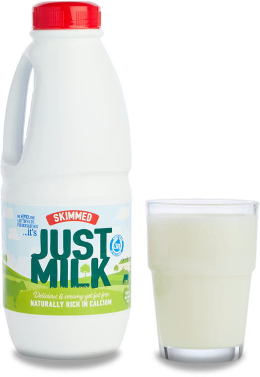 long life Skimmed JUST MILK bottle and glass of milk long life Skimmed JUST MILK bottle and glass of milk