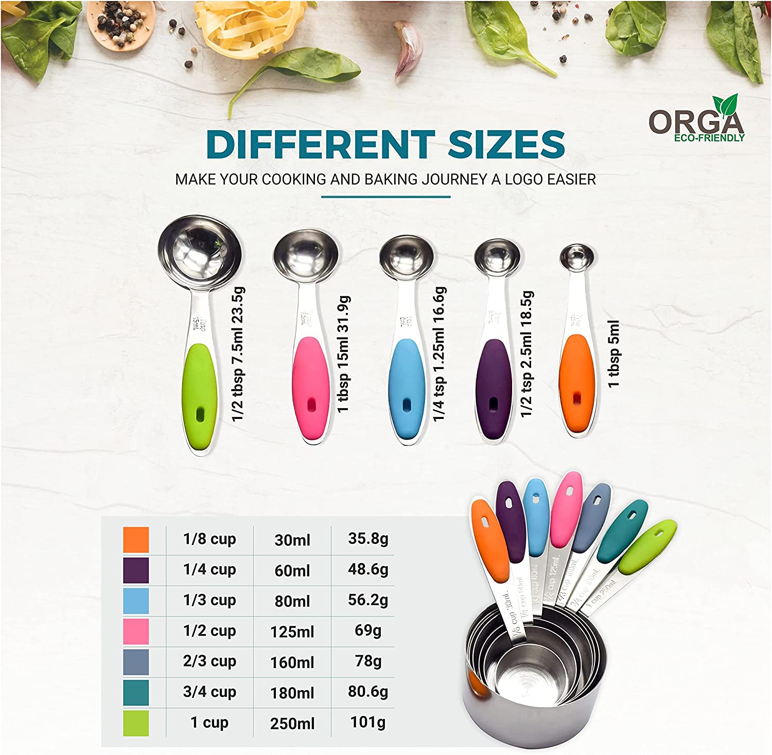 <br />
ORGA ECO-FRIENDLY Set of 12 - Premium Stainless Steel Measuring Cups and Measuring Spoons with Colored Silicone Handle,for Baking